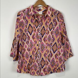 Chico's Women's 1 (M/8) Top No Iron 100% Linen Geometric Orange Pink Button Down